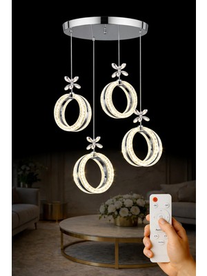 Luna Lighting Athena Model 4 Lü Krom Kaplama 3 Renk Kumandalı Salon Mutfak Oturma Yatak Odası Modern LED Avize