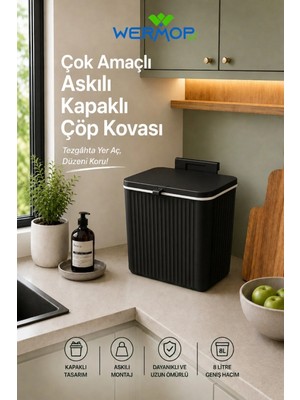 Safir 8 Litre Mutfak Tezgâh Üstü ve Dolap Askılı Kapaklı Çöp Kovası