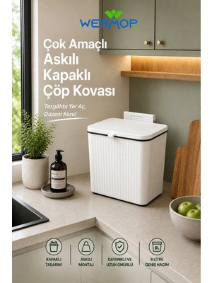 Safir 8 Litre Mutfak Tezgâh Üstü ve Dolap Askılı Kapaklı Çöp Kovası
