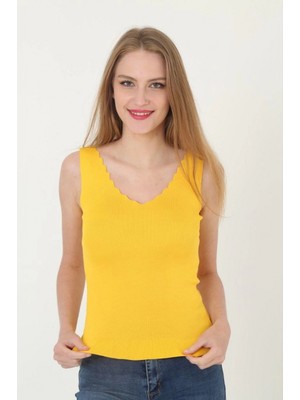 Hace Bazaar Kadın V Yaka Fırfır Detay Crop - Sarı