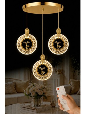 Luna Lighting Ren Geyiği Model 3 Lü Gold Kaplama 3 Renk Kumandalı Salon Mutfak Oturma Yatak Odası Modern LED Avize