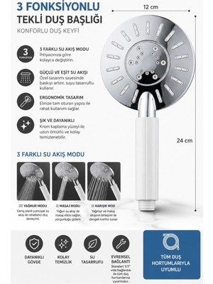 Cmc Tools CMC05 Banyo Duşluk Telefon Tek Duş Başlığı 3 Fonksiyonlu Su Duş Başlığı