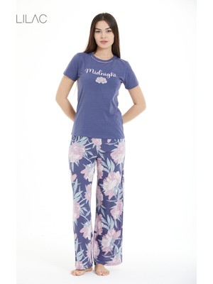 Lilac Çiçek Desenli %100 Viscon Pijama Takım