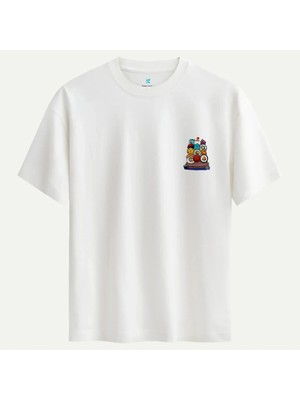 Oversize %100 Pamuk Erkek Sushi Roll Baskılı Tişört - Beyaz