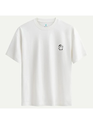Oversize %100 Pamuk Erkek Tiny Penguin Baskılı Tişört - Beyaz