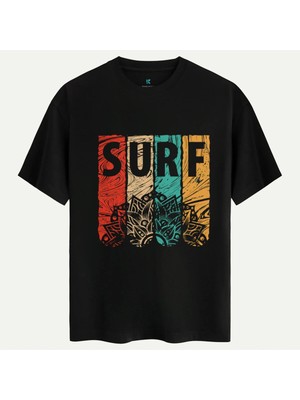 Oversize %100 Pamuk Erkek Surf Baskılı Tişört - Siyah