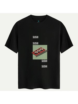 Oversize %100 Pamuk Erkek Sushi Baskılı Tişört - Siyah