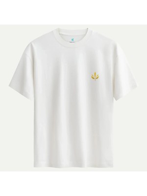 Oversize %100 Pamuk Erkek Golden Leaf Baskılı Tişört - Beyaz