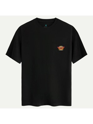 Oversize %100 Pamuk Erkek Happy Crab Baskılı Tişört - Siyah