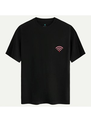 Oversize %100 Pamuk Erkek Wifi Hearth Baskılı Tişört - Siyah