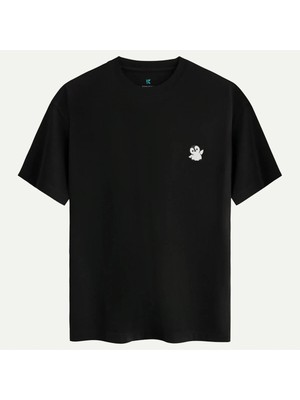 Oversize %100 Pamuk Erkek Tiny Penguin Baskılı Tişört - Siyah