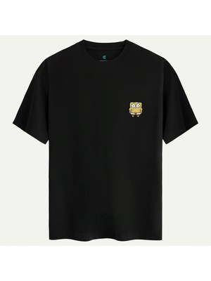 Oversize %100 Pamuk Erkek Spongebob Mood Baskılı Tişört - Siyah