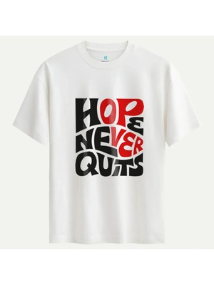 Oversize %100 Pamuk Erkek Hope Never Quits Baskılı Tişört - Beyaz