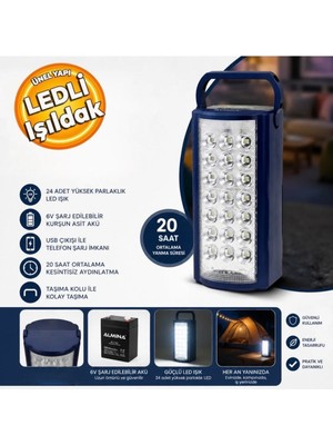 Almina DL-2424 Şarj Edilebilen 24 Ledli Işıldak 6V Şarj Edilebilir Akü Fener