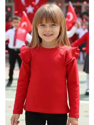Parla Kids Kız Çocuk Kırmızı Omuz Fırfırlı Bisiklet Yaka Body Sweatshirt 23 Nisan Gösteri Kıyafeti