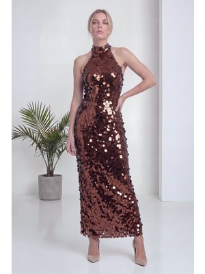 thezkscom Kadın Halter Yaka Pul Payet Abiye Elbise Midi Boy Kahverengi, Siyah, Bordo