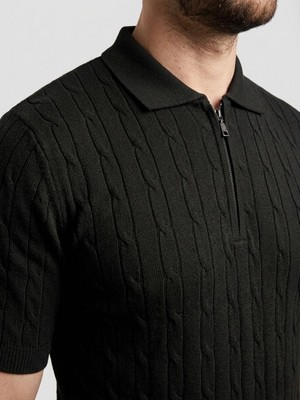 Hace Bazaar Erkek Yazlık Triko Saç Örgü Tişört Kısa Kol Polo Yaka Fermuarlı T-Shirt - Siyah