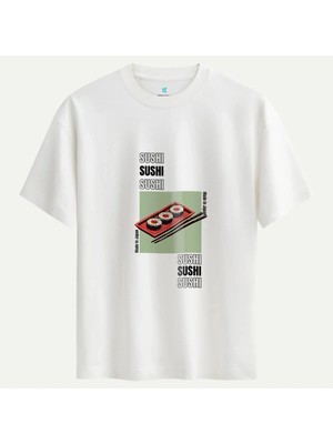 Oversize %100 Pamuk Erkek Sushi Baskılı Tişört - Beyaz