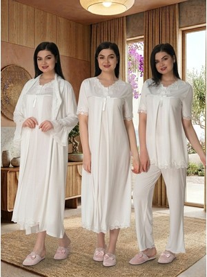 Lohussa Kadın Ekru Dantelli Pamuklu Hamile Lohusa Sabahlık Pijama Takımı Gecelik 4'lü Set