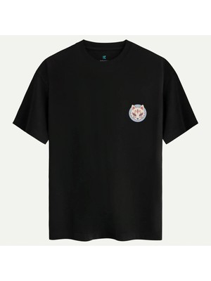 Oversize %100 Pamuk Erkek Animewolf Baskılı Tişört - Siyah