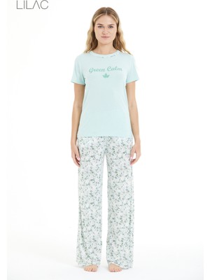 Lilac Çiçek Desenli %100 Viscon Pijama Takım