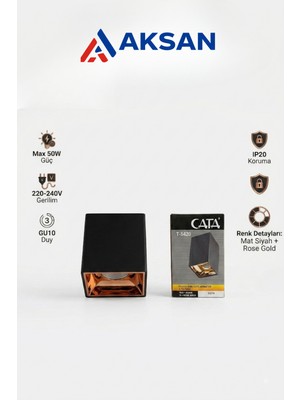 Cata CT-5420 Bergama Sıva Üstü Kare Spot Armatür Siyah Bakır Rose Gold GU10 Duy