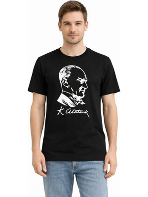 Hace Bazaar Erkek Atatürk Baskılı Tişört Kısa Kollu Bisiklet Yaka T-Shirt - Siyah