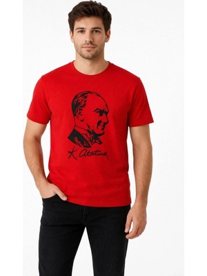 Hace Bazaar Erkek Atatürk Baskılı Tişört Kısa Kollu Bisiklet Yaka T-Shirt - Kırmızı