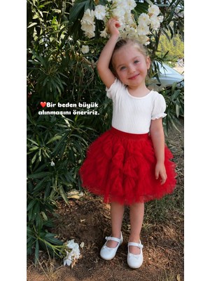 BeU Kids Kız Çocuk Kırmızı Fırfır Detaylı Beli Lastikli Pamuk Astarlı Tüllü Etek