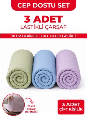 3 Adet Çift Kişilik Lastikli Çarşaf - 160X200CM - Mavi/yeşil/lila - Ranforce