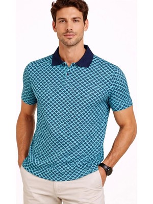 Hace Bazaar Erkek Pike Kumaş Polo Yaka Desenli Tişört Kısa Kol Yazlık T-Shirt - Turkuaz