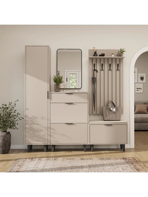Roomart Nord Vestiyer Takımı Kapaklı Askılıklı Ayakkabılık Dolabı, Modüler, Aynalı Portmanto Takımı