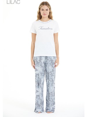Lilac Çiçek Desenli %100 Viscon Pijama Takım