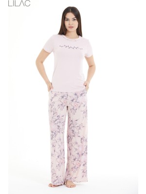 Lilac Çiçek Desenli %100 Viscon Pijama Takım
