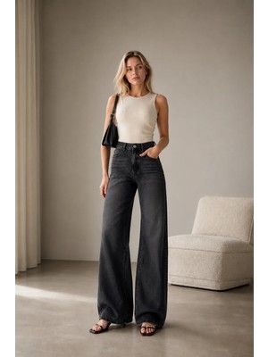 Shevega Siyah Yüksek Bel Straight Bol Paça Palazzo Jean Kot Pantolon