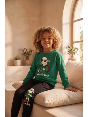 Bony Socks Erkek Çocuk Paçası Kuzu Desenli Eşofman Takımı Yeşil