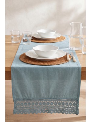 Mineral Blue Lacy Pamuklu Dantelli Runner 40X150 cm