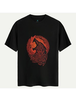 Oversize %100 Pamuk Erkek Fire Wolf Baskılı Tişört - Siyah