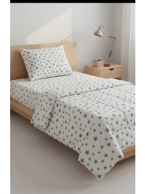 Erca Home Tekstil Ürünleri Ranforce Kumaş Yastıklı Lastikli Tek Kişilik Nevresim Takımı/ 160X 200 Beyaz Yıldız Desen
