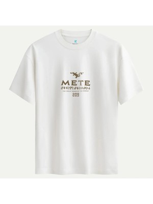 Oversize %100 Pamuk Erkek Mete Han 209 Baskılı Tişört - Beyaz