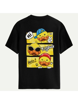 Oversize %100 Pamuk Erkek Tiddy Duck Arka Baskı Baskılı Tişört - Siyah