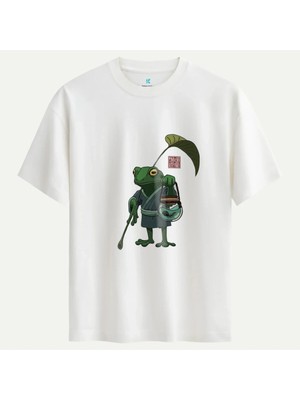 Oversize %100 Pamuk Erkek Zen Frog Baskılı Tişört - Beyaz
