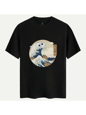 Oversize %100 Pamuk Erkek Snack Monster Baskılı Tişört - Siyah