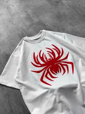 Hace Bazaar Erkek Örümcek Baskılı Tişört Kısa Kollu Bisiklet Yaka T-Shirt - Beyaz