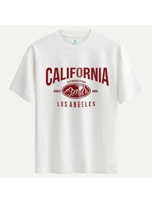 Oversize %100 Pamuk Erkek California Baskılı Tişört - Beyaz