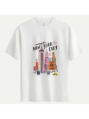 Oversize %100 Pamuk Erkek New York City Baskılı Tişört - Beyaz