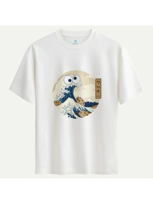 Oversize %100 Pamuk Erkek Snack Monster Baskılı Tişört - Beyaz