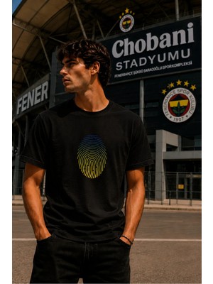 Oversize %100 Pamuk Erkek Yellow Navy Finger Print Baskılı Tişört - Siyah