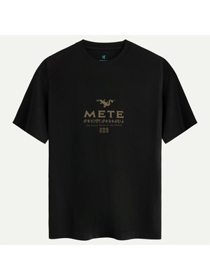 Oversize %100 Pamuk Erkek Mete Han 209 Baskılı Tişört - Siyah