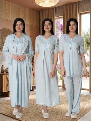 Lohussa Kadın Mavi Dantelli Pamuklu Hamile Lohusa Sabahlık Pijama Takımı Gecelik 4'lü Set